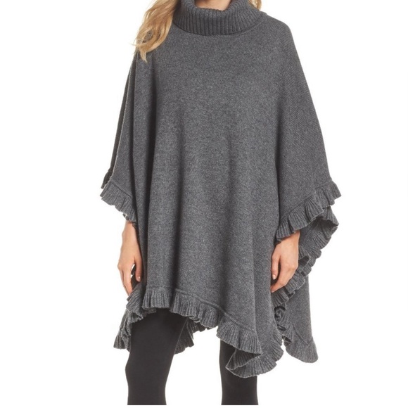 UGG Sweaters - UGG Grey Jacey Turtleneck Knit Poncho Ruffle Edges Wool Acrylic Blend One Size